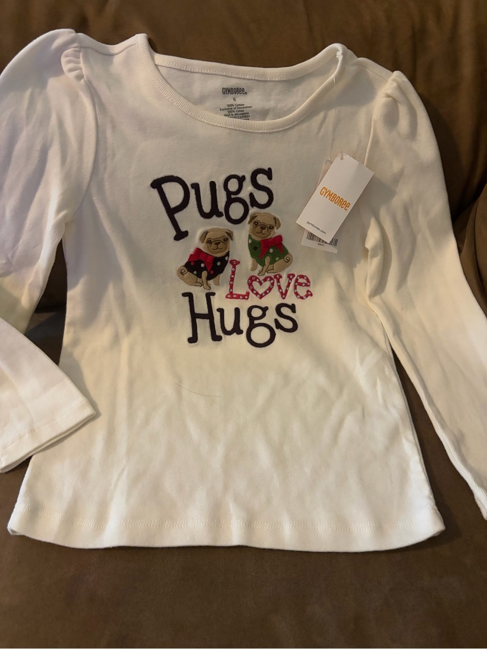 NWOT Gymboree White Long-Sleeve 'Pugs Love Hugs' Tee with Embroidered Pugs